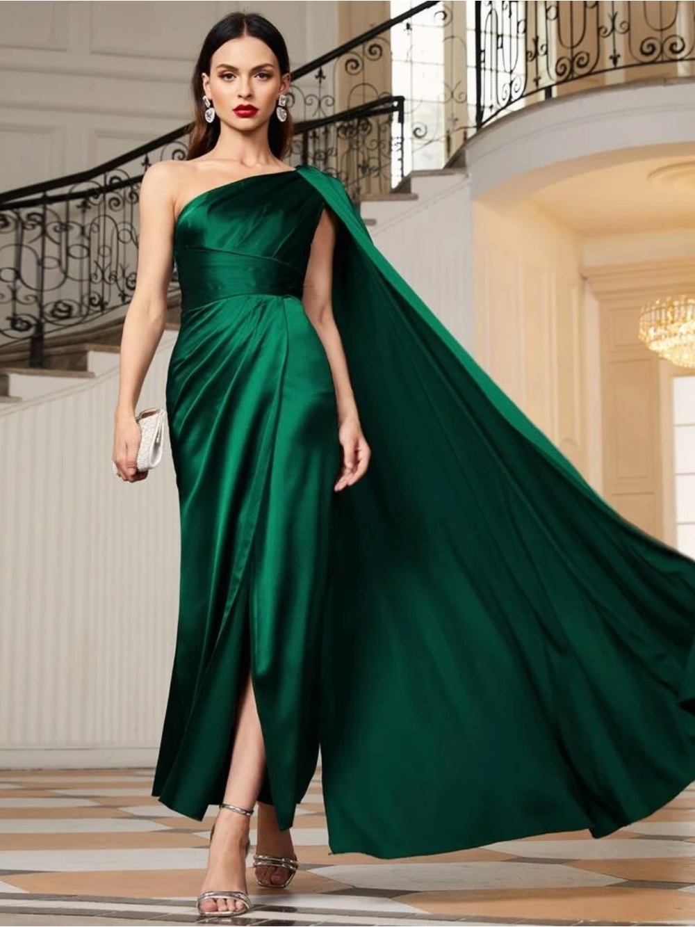 Elegant One-Shoulder Emerald Satin Gown with Draped Cape